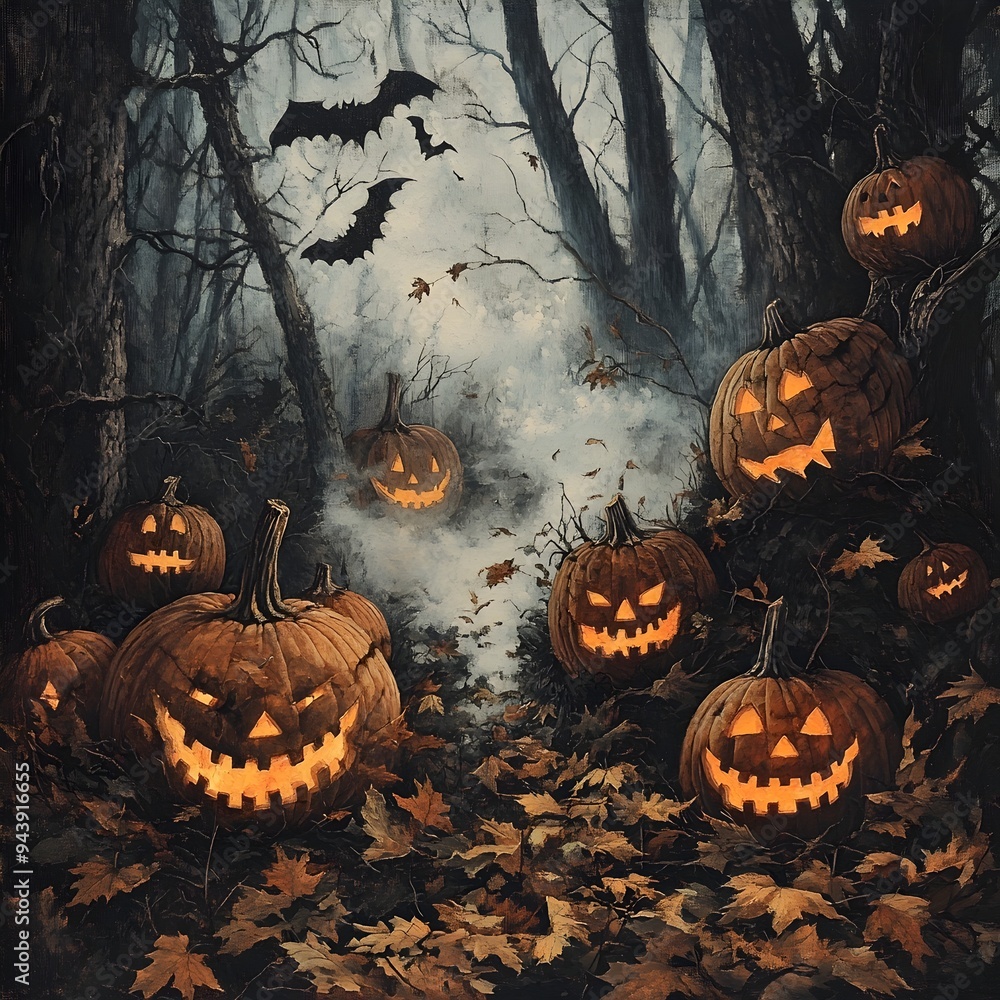 Poster haunting array of carved jack o lanterns with sinister faces aglow in a mysterious autumn forest on 