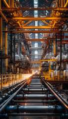 Obraz premium Industry pipeline transport gas and oil processing. Industrial facility with large metallic pipes, showcasing a complex network of machinery and equipment for processing or manufacturing.