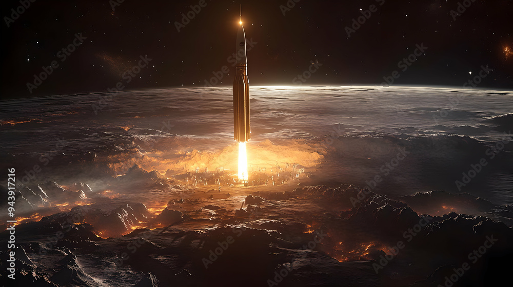 Aufkleber rocket launch from a planetary surface with a fiery plume and a crowd watching.