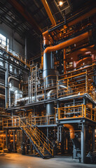 Fototapeta premium Industry pipeline transport gas and oil processing. Industrial facility with large metallic pipes, showcasing a complex network of machinery and equipment for processing or manufacturing.