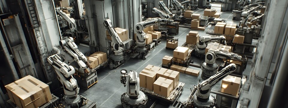 A high-tech factory floor with robotic arms neatly arranged, carrying out precise cardboard packaging in an industrial setting. The scene is captured from above, showcasing the advanced technology