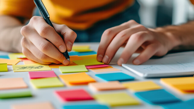 Person writing on colorful sticky notes while organizing ideas and tasks, close-up view of hands and stationery