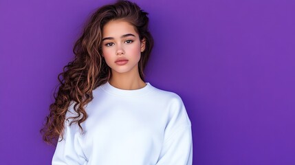 Obraz premium Young woman wearing white sweatshirt mockup, at purple background. Design pullover template, print presentation mock-up. copy space for text.