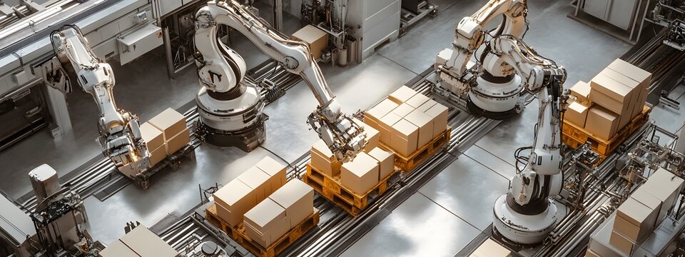 A high-tech factory floor with robotic arms neatly arranged, carrying out precise cardboard packaging in an industrial setting. The scene is captured from above, showcasing the advanced technology