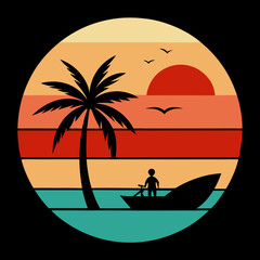 Retro Sunset Vector Palm Tree, Boat, and Silhouettes for T-Shirt Design