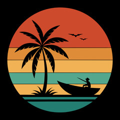 Retro Sunset Vector Palm Tree, Boat, and Silhouettes for T-Shirt Design
