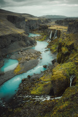 Sigoldugljufur canyon with waterfalls in the Icelandic Highlands, near Landmannalaugar, remote desolate, hard to reach