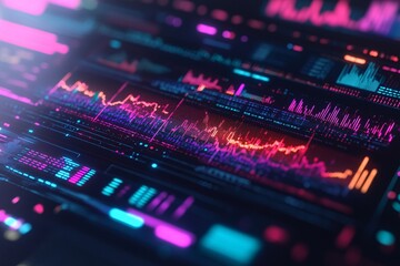 Fototapeta premium Digital Interface with Neon Glowing Lines and Graphs