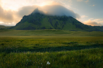 Mountain peak in Iceland covered with clouds at sunrise, summer morning, green grass meadow in the foreground