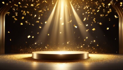 golden confetti rain on festive stage with light beam in the middle, empty room at night mockup with copy space for award ceremony, jubilee, New Year's party or product presentations