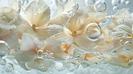 Fototapeta premium background for presentation of cosmetic and perfume products, flower petals and water drops on a light background
