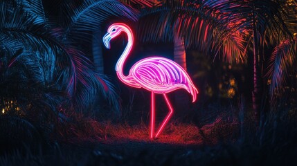 Vibrant neon flamingo sculpture illuminating a tropical night, with palm fronds in silhouette, evoking a retro Miami Vice style.