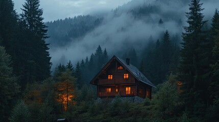 A wooden house nestled in the forest, its warm lights glowing, with foggy mountains in the distance.