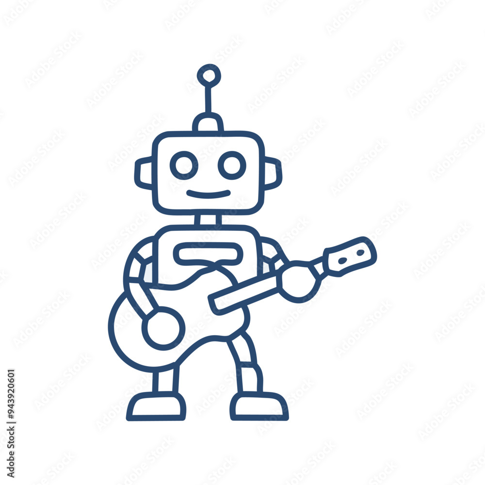 Poster robot playing guitar. a robot playing a guitar with a smile on its face. this image symbolizes the a