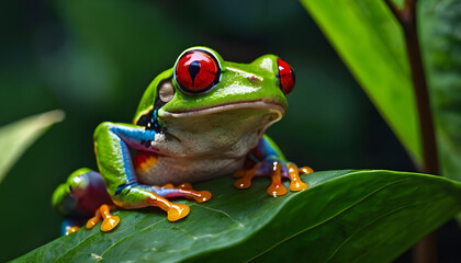Naklejka premium Red-eyed frog on tropical leaf, vivid colors green tree frog peeks out 