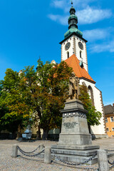 Statue of Jan Zizka of Trocnov on the square in Tabor, Czech Republic.