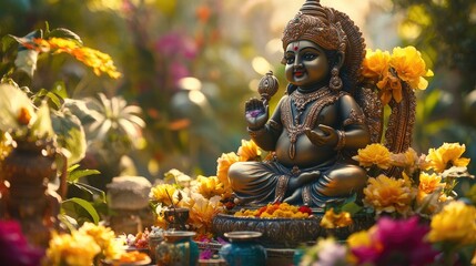 Obraz premium Adorable little Ganpati Bappa idol, crafted with intricate details, surrounded by vibrant flowers and offerings, capturing the essence of devotion.