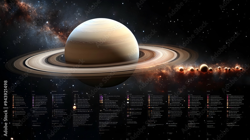 Poster saturn's rings and moons in space with data about each.