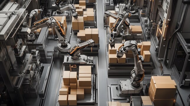 A high-tech factory floor with robotic arms neatly arranged, carrying out precise cardboard packaging in an industrial setting. The scene is captured from above, showcasing the advanced technology