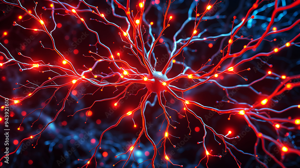 Poster a neural network diagram with complex pathways and glowing synapses.