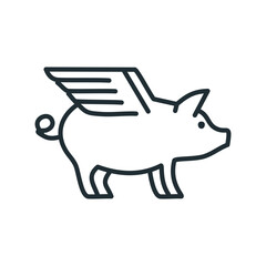 Flying pig icon illustration. Black and white line drawing of a pig with wings. The symbol represents freedom, creativity, and thinking outside the box.