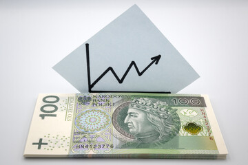 Polskie banknoty stu złotowe i wykres wzrostu.