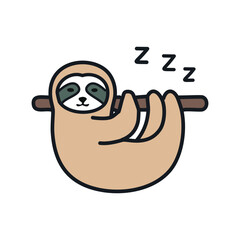 Sleeping sloth hanging on branch illustration. Adorable cartoon sloth hanging upside down on a branch, taking a nap, conveying a message of relaxation and tranquility. © Lull