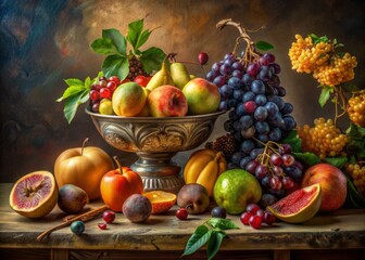 Fruit Still Life Masterpiece: Realistic textures, vibrant colors,Renaissance-inspired lighting, classical beauty