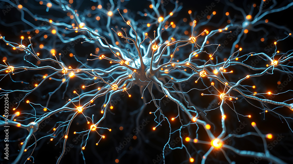 Poster a neural network diagram with complex pathways and glowing synapses.