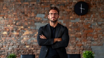 Obraz premium A confident man stands with arms crossed in a modern office setting.