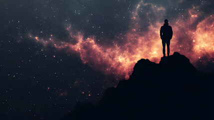 Obraz premium Silhouette of a man standing on a mountain peak with a starry sky and galaxy in the background.