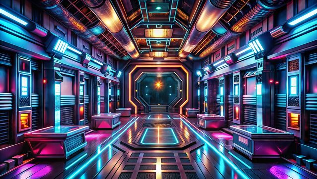 Futuristic Sci-Fi Hideaway: Metallic surfaces, neon lights, geometric patterns, holographic displays, immersive technology
