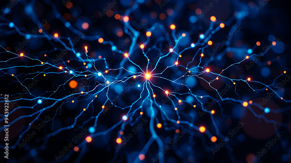 Poster a neural network diagram with complex pathways and glowing synapses.