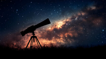 Silhouette of a telescope pointed at the night sky with the Milky Way galaxy.