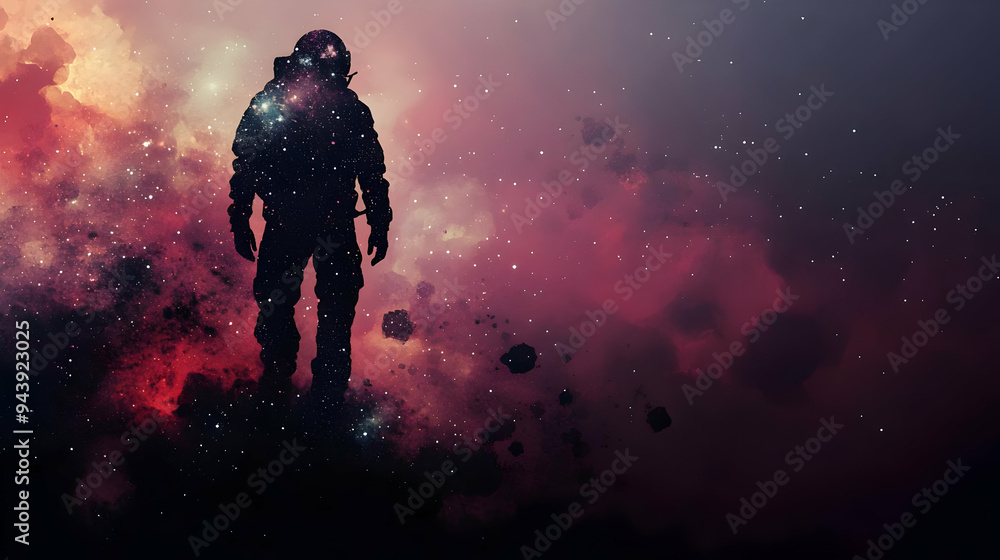 Poster silhouette of astronaut standing in front of a nebula.