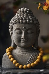 A stone Buddha head with a yellow beaded necklace.
