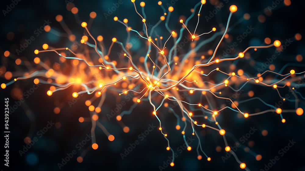 Poster a neural network diagram with complex pathways and glowing synapses.