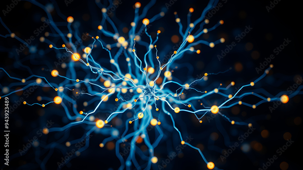 Poster a neural network diagram with complex pathways and glowing synapses.