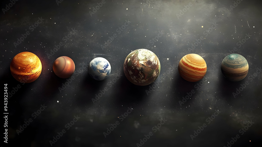Poster six planets in a row on a dark background with stars.