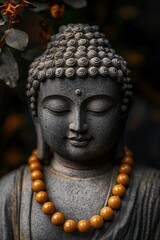 A stone carving of the Buddha wearing a necklace.