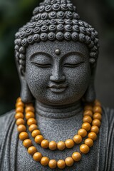 A stone carving of the Buddha wearing a yellow necklace.
