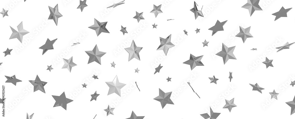 Poster abstract pattern of random falling silver stars on white background.