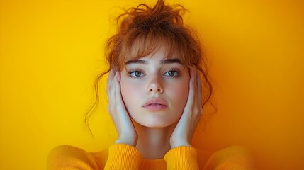 Photograph of a person covering their ears as if avoiding unpleasant noise set against an isolated minimalist background with ample copy space for text overlay or additional design elements