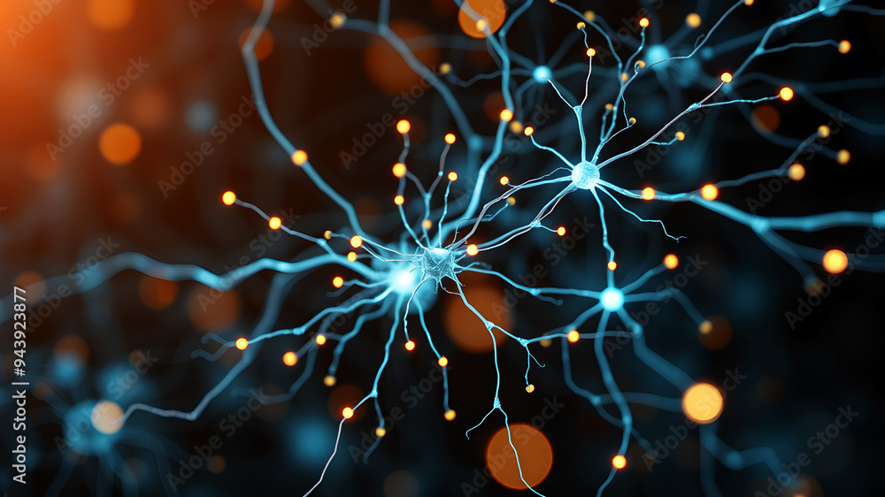 Poster a neural network diagram with complex pathways and glowing synapses.