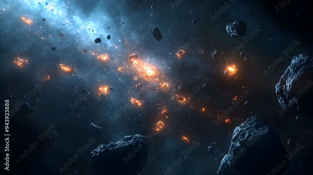 Poster space rocks on fire, exploding and glowing in a nebula.