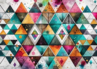 Geometric Splatter: Precise, angular shapes arranged in organized patterns with ink splatter accents.