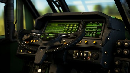 A photo of a detailed shot of a tractors dashboard