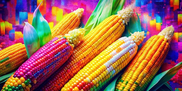 Glitch Corn: Pixelated, distorted, vibrant, digital artifacts, abstract glitch effect applied to stylized corn elements.
