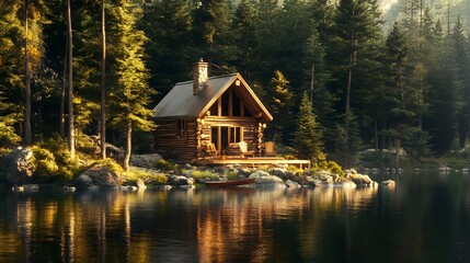 Fototapeta premium A rustic cabin nestled in the heart of an ancient forest, surrounded by towering pines and reflecting on crystal-clear waters. The focus is on the face of the cabin, which appears weathered and worn