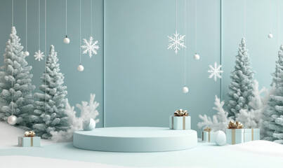 A blue stage with Christmas trees and a white circle in the middle